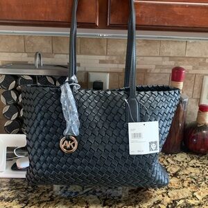 Anne Klein Black Woven Tote with Matching Pouch